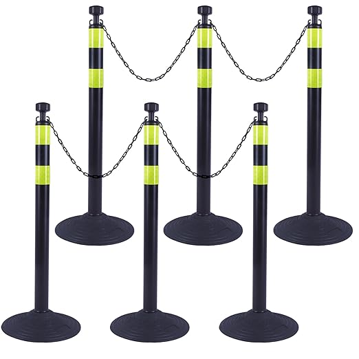 6 Pack 39 Inch Black Traffic Delineator Posts with 2 Green Reflective Stripes, Safety Posts Cones with 6.6 Feet Chains and 14 Inch Rubber Base for Road Safety,Parking Lot (Black)