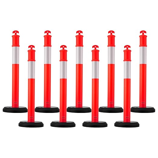 VEVOR 9 Pack Traffic Delineator Posts, 48 inches Traffic Safety Cones with Fillable Base and Reflective Strips, Heavy Duty Delineator Posts for Construction Site, Parking Lot, Crowd Control, Red