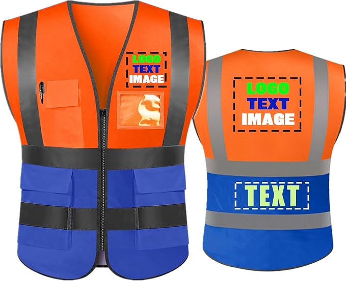 High Visibility Safety Reflective Vest with Pockets and Zipper Construction Hi Vis Work Vest(Orange/Blue M)