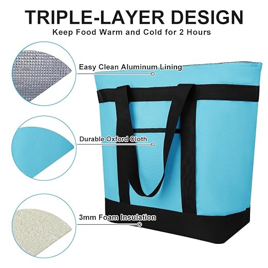 Insulated Reusable Tote Bag for Grocery Shopping for Women/Men, Pizza/Food Delivery Bag to Keep Food Cold/Hot for Commercial Food Transport, Cooler bags for Travel/Beach/Picnic, Blue