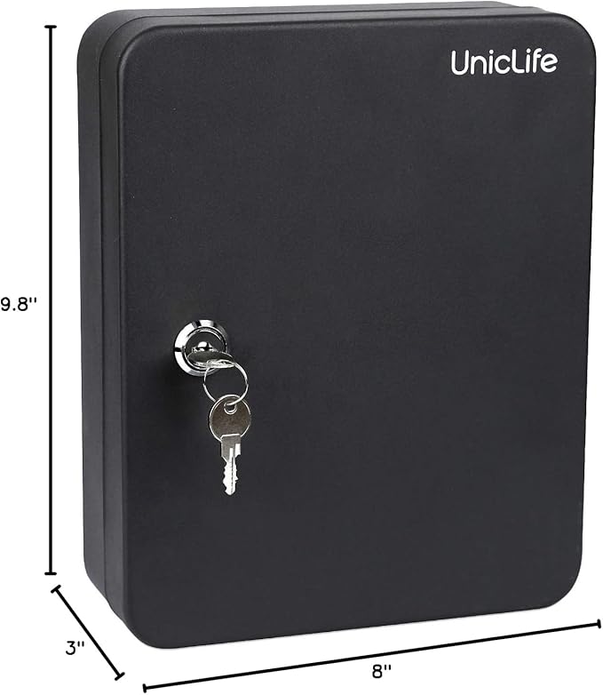Uniclife 48-Key Steel Key Cabinet with 2 Unlocking Keys Wall Mounted Key Organizer Black Frosted Security Box with Hooks and Key Tag Labels Identifiers in 9 Assorted Colors