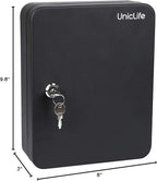 Uniclife 48-Key Steel Key Cabinet with 2 Unlocking Keys Wall Mounted Key Organizer Black Frosted Security Box with Hooks and Key Tag Labels Identifiers in 9 Assorted Colors