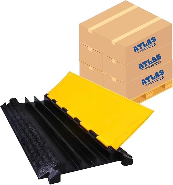 Kable Kontrol Atlas Cable Protector Wire Ramp - 3 Channel Bulk Wholesale Pallet - 20 Pcs - 35” Long Black & Yellow - 24000 Lbs Load Capacity - Rubber Speed Bump Wire Protector Cord Cover - CP9973