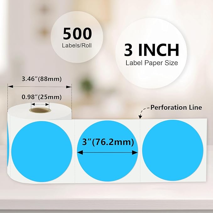3 X 3 Inch Color Coding Dot Labels Circle Thermal Printable Waterproof 500 Pcs Round Stickers Adhesive Writable for Office, Home, Garage, DIY Sticker, Barcodes, Name Tag, Sky Blue
