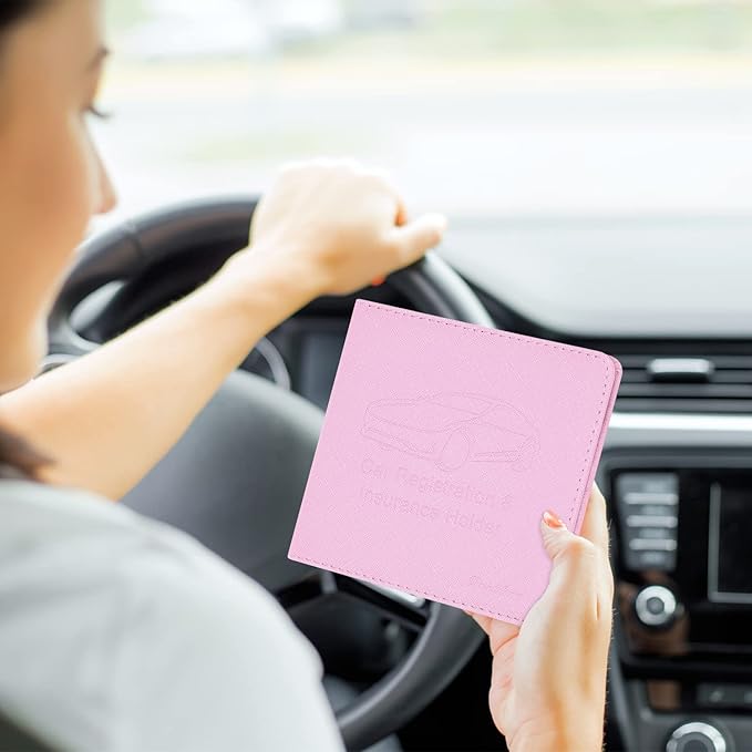 Car Insurance and Registration Holder, 5.5 x 5 Inch PU Leather Vehicle Glove Box Organizer Wallet Case for Insurance Card, Driver License, Paperwork - Pink