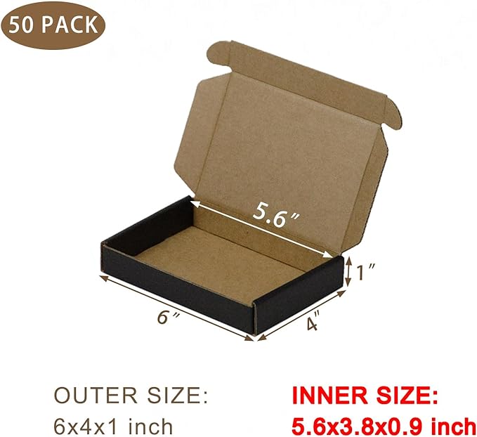 50 Pack 6x4x1 Inches Small Shipping Boxes, Black Corrugated Cardboard Boxes, Moving Mailing Packing Box