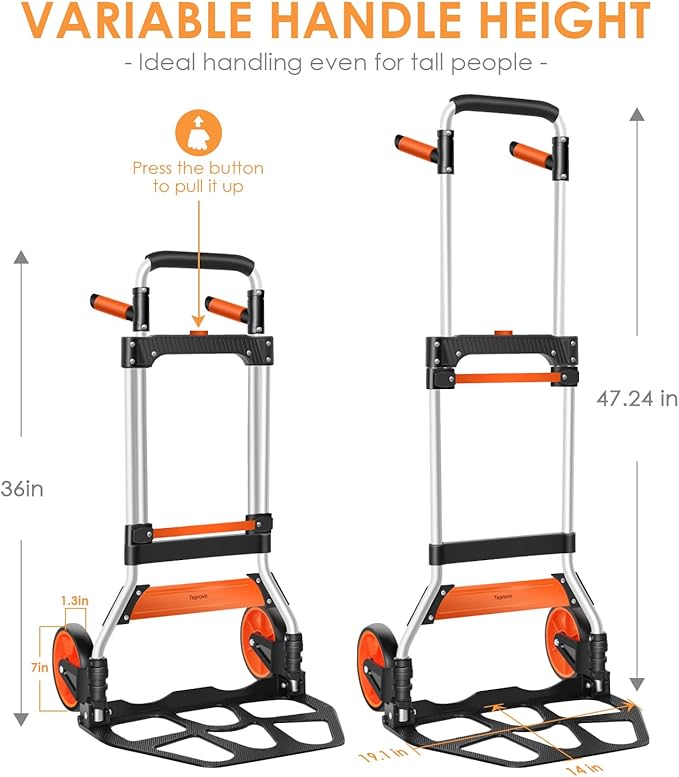 Dolly Cart, 309 lb Aluminum Folding Hand Truck with Swivel Handle, Heavy Duty Utility Dolly Foldable Trolley with Elastic Cord, 7 Inch Wheels for Moving, Warehousing, Shopping and More