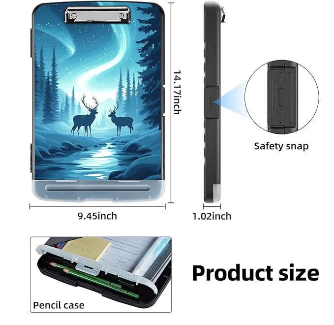 Clipboard with Storage Box & Pen Holder,Heavy Duty Clip Boards 8.5x11 for Nursing,High Capacity,School & Office Supplies,Northern Lights Deer Forest