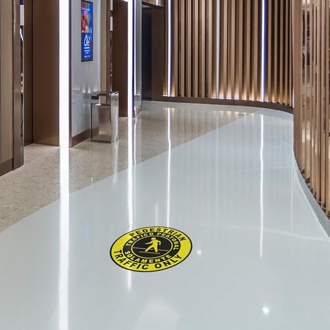 Spanish Safety Signs Floor Decals Pedestrian Traffic Only Yellow Anti-Slip Round Shape Business Industrial Stickers 17Inches Longer Side