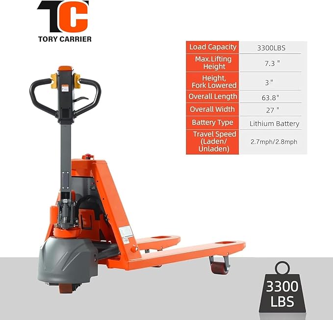 Full Electric Pallet Jack 3300Lbs Capacity, Lithium Powered Pallet Truck 48" x27" Fork Size, Walkie Pallet Lift Trucks for Factory, Warehouse, Supermarket, Multifunctional Handle with Extra Battery
