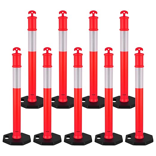 VEVOR 9 Pack Traffic Delineator Posts, 48 inches Traffic Safety Cones with Weighted Base and Reflective Strips, Heavy Duty Delineator Posts for Construction Site, Parking Lot, Crowd Control, Red