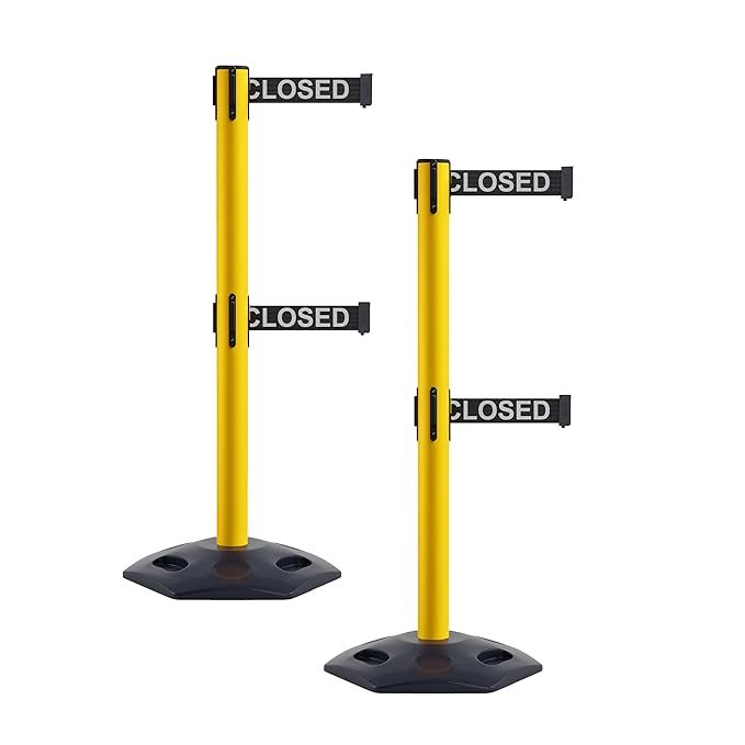 CCW Series WBB-200D - Set of 2 Retractable Dual Belt Stanchion Safety Barrier, Heavy-Duty Rubber Base Yellow Post (7.5 Foot Belt, Black with"This Line Closed" White Letters Belt)