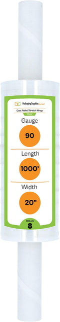 PSBM Stretch Wrap with Extended Core Handles, 8 Pack, 20 Inch x 1000 Feet, 90 Gauge, Clear, Large Plastic Cling Film for Pallets Moving Storing