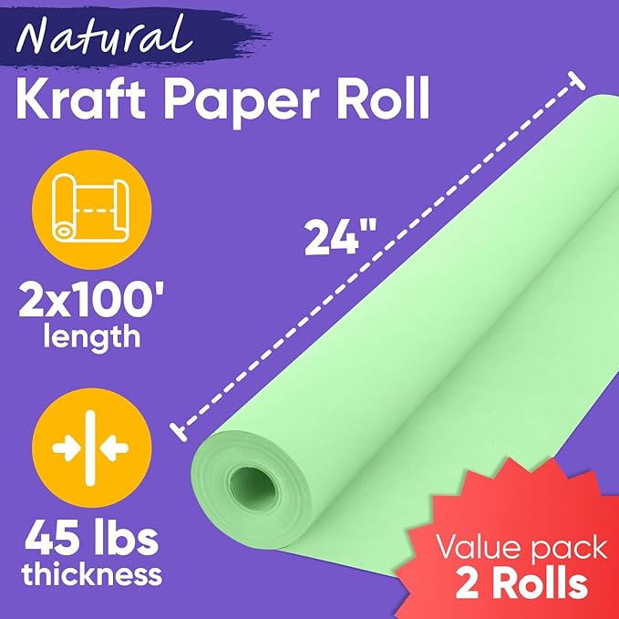 24" x 1200" (100 ft) Light Green Kraft Paper Roll (Value Pack of 2), 45 lbs Thickness, Made in USA Colored Craft Paper for School, Bulletin Board - Odorless, Non-Toxic, Safe for Kids