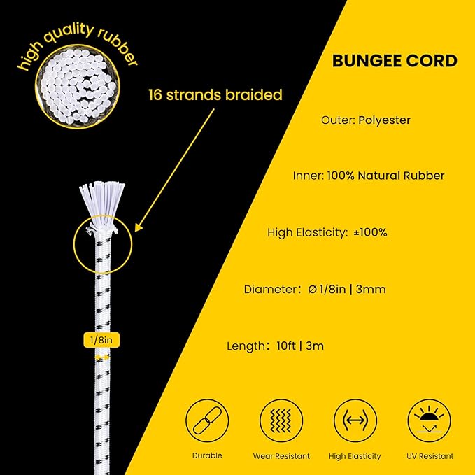 Bungee Cord Elastic Shock Cord 1/8" x 10' Bungee Rope for DIY, Tie Downs, Kayak and Outdoor - White&Black