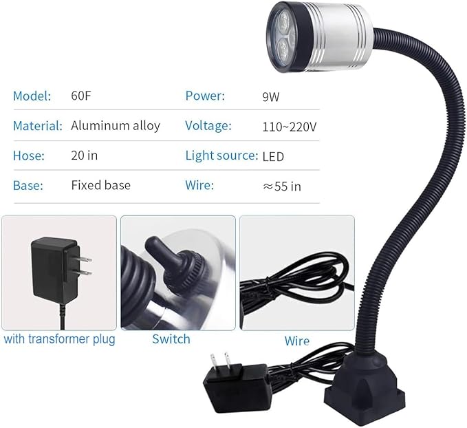 Flexible Work Light, Led Machine Light, Led Flexible Gooseneck Light 900 Lumens with 20inch Flexible Gooseneck 120 Volt for Lathe Workbench Bandsaw and Machine Tool
