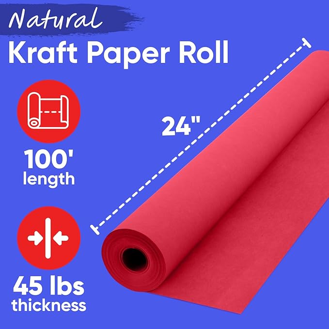USA Made 24" x 1200" (100 ft) Christmas Red Kraft Paper Roll, 45 lbs Thickness, Colored Kraft Paper for School, Bulletin Board - Odorless, Safe, and Hypoallergenic
