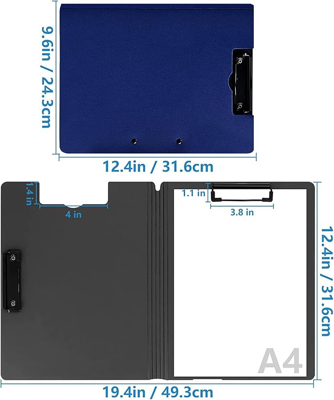 2 Pack Foldable Clipboards, A4 Office Clipboard Folder with Double Metal Clips, 360 Degree Foldable Binder Clipboard with Pen Holder, File Cover Work Folder Clipboards, White Blue