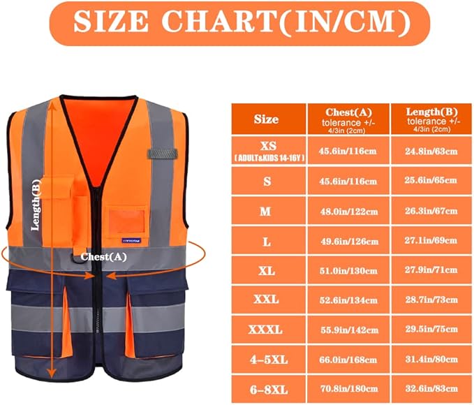 6XL-8XL Orange&Navy High visibility vest,ZIPPER Reflective Safety Vest Workwear 7 Pockets Hi Vis Durable Vest with Reflective Tapes