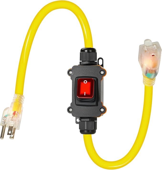 Heavy Duty Extension Cord with On/Off Switch, Outdoor Waterproof Inline Power Switch (Hook Mount, LED Indicator), All-UL Listed (Plug/Switch/Cable), 14/3 AWG STJW, 125V/15A/1875W, 3-Pronged, 3FT
