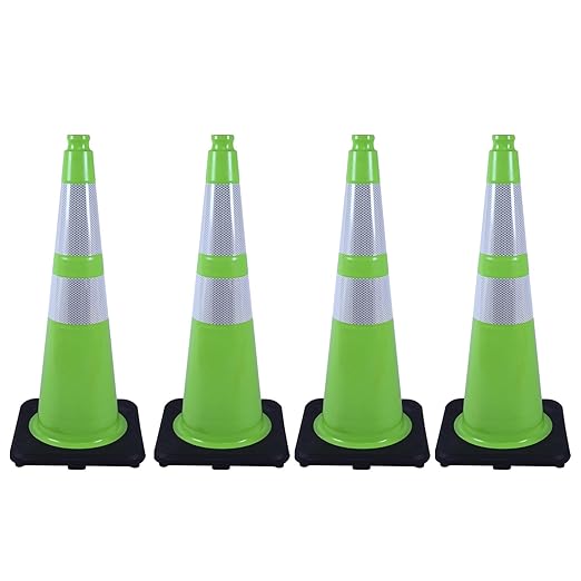 4 Pack 28 Inch Green PVC Traffic Cones Black Base Stable Flexible, Road Safety Construction Zone Crowd Control Safety Cones Outdoor Use (4, Green, 28 Inch)