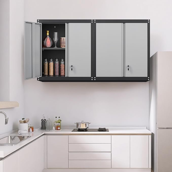 GREATMEET Lockable Storage Cabinet, Metal Garage Storage Cabinets, Metal Wall Cabinet for Garage, Wall Mount Cabinet with Lock and Adjustable Shelf, Floating, Black&Grey