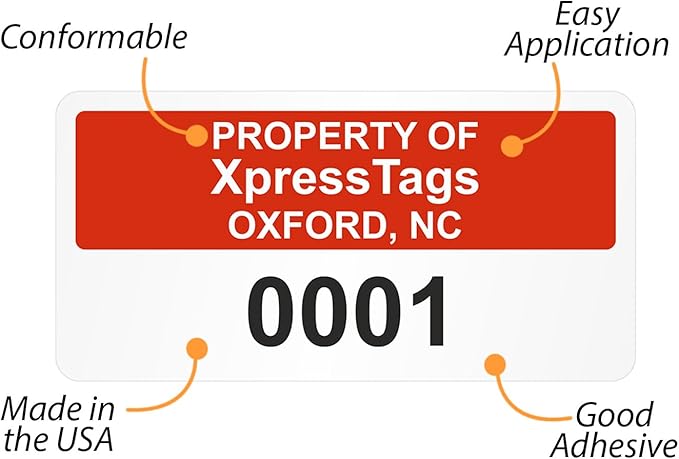 XpressTags 1" x 2" Sequential Number Custom Labels, Fixed Inventory Asset Tags, Permanent Adhesive Vinyl Stickers for equipments Pack Sizes 100 to 5000, Made in USA