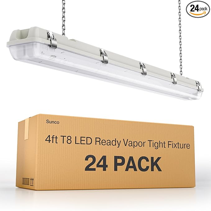 Sunco LED Ready Fixture for Garage Ceiling, 4ft Shop Lights Holds 2 LED Tube Lights, Non-Dimmable, Surface Mount, Works with Type B and Hybrid Tubes, 120-277V, Wet Rated ETL 24 Pack