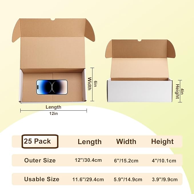 WIFTREY 25 Pack 12x6x4 White Small Shipping Boxes, 12 x 6 x 4 Corrugated Cardboard Mailer Box for Packaging Small Business