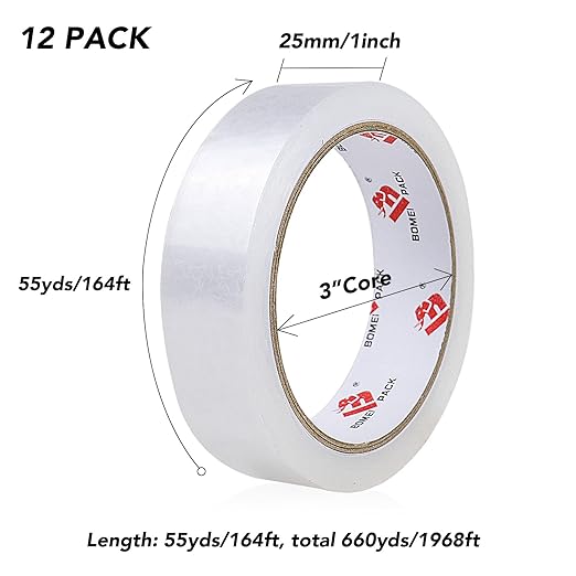 BOMEI PACK Clear Tape, 1 Inch x 164 Ft, Transparent Tape Refills, 3" Core Big Roll Stationery Tape, Strong Gift Wrap Tape for Home, Office, 12 Rolls Fit 3 Inch Desktop Dispenser
