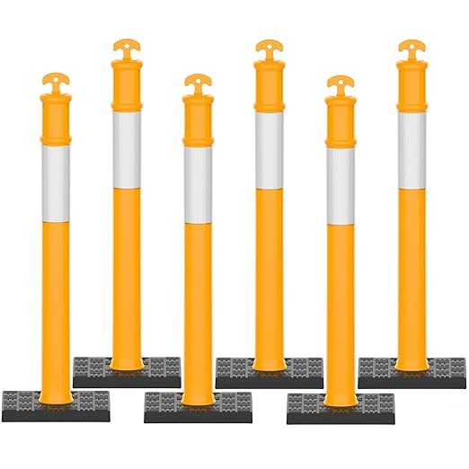 RoadHero 45 Inch Delineator Post with Rubber Base, Heavy Duty Yellow Traffic Delineator Posts Cones with Reflective Collars for Parking Lots, Road Safety, Construction Events 6 Pack