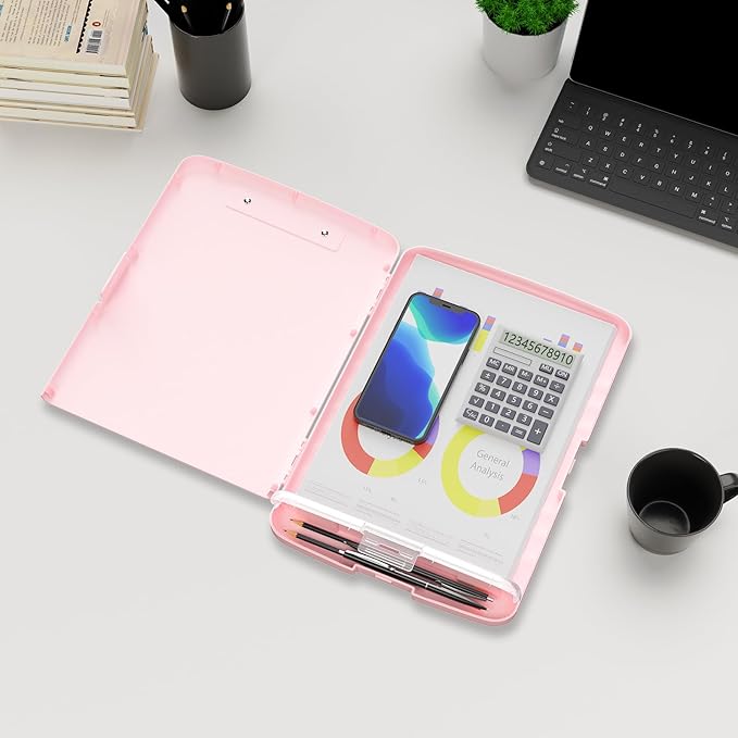 Plastic Clipboard with Storage, 8.5 x 11 Storage Organization Box Side-Opening, Heavy Duty Clip Board with Pen Holder and Paper Folder for Nurses, Teachers, Office & School Supply, Pink