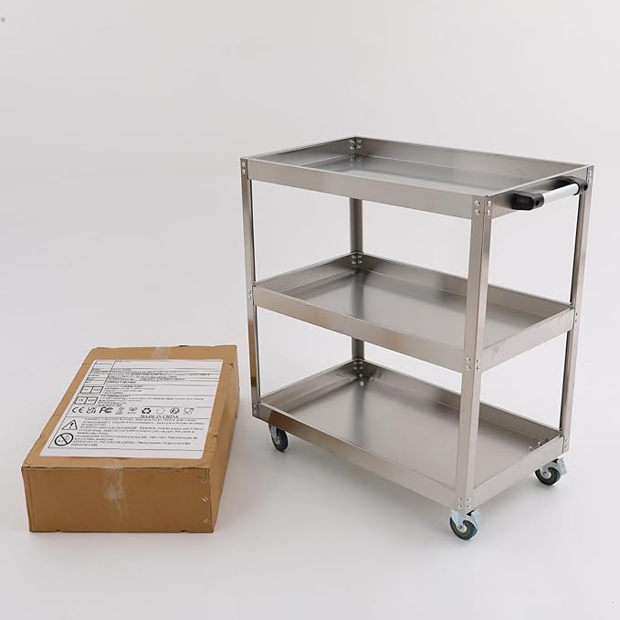 3-Tier Stainless Steel Utility Cart, 440lb Load-Bearing Heavy Duty Service Cart with 4 Locking Wheels, for Kitchen, Garage, Commercial Use