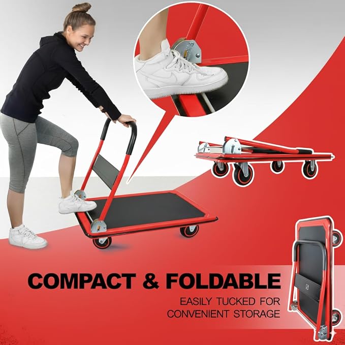 Push Cart Dolly by Wellmax, Moving Platform Hand Truck, Foldable for Easy Storage and 360 Degree Swivel Wheels with 660lb Weight Capacity, Red Color