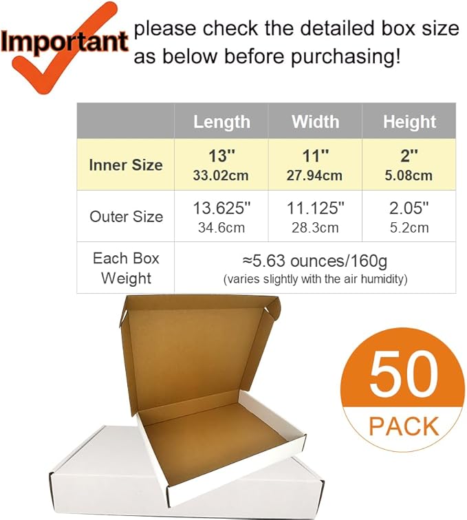 50 Pack 13x11x2'' Small Shipping Boxes, Corrugated Cardboard Mailers for Business, White (CM13112)