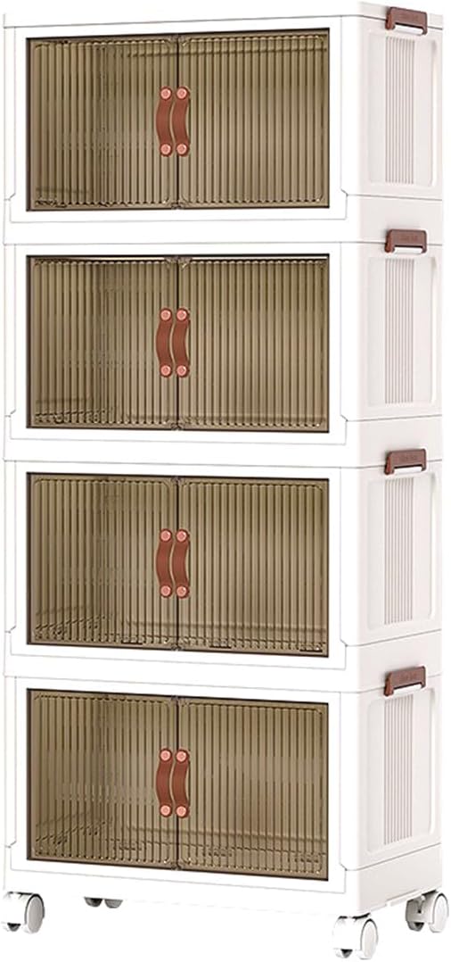 4 Tier Plastic Stackable Storage Bins and Boxes Organizer, Foldable Containers, Stackable Closet Organizers, Collapsible Boxes, White (4 Tier, 25.8″)