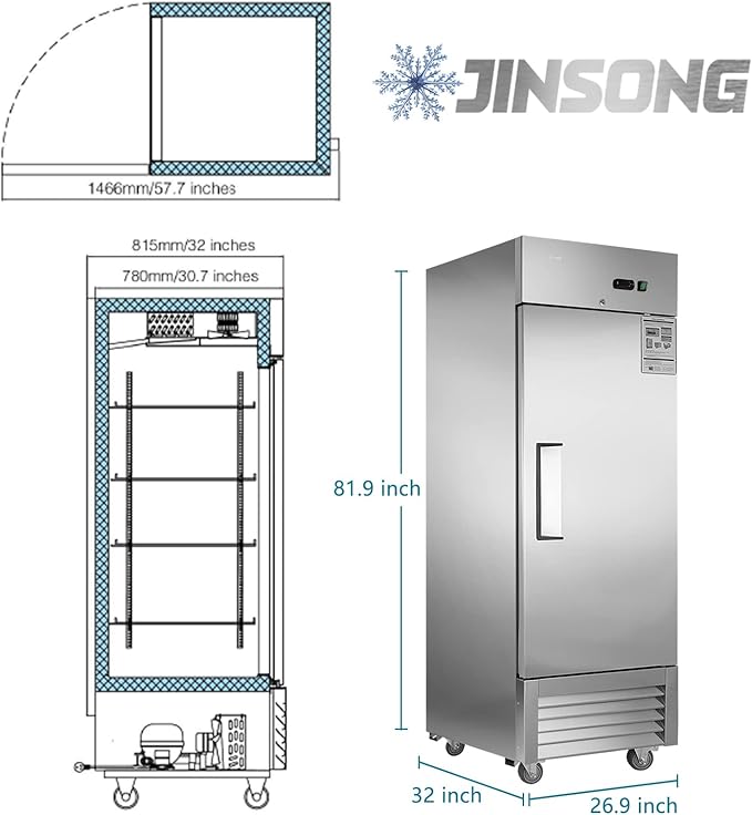 JINSONG 27" Commercial Refrigerator with Single Solid Door, 23 cu.ft Stainless Steel Reach-in Refrigerator for Restaurant, Bar, Shop, Residential