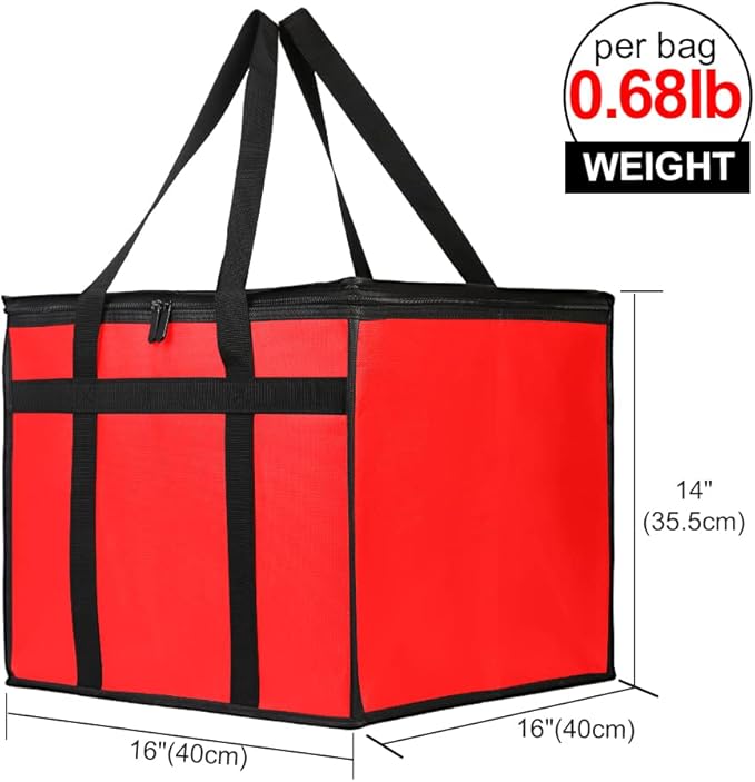 Bodaon Insulated Pizza Delivery Bag, 16" x 16" x 14" Pizza Warmer Bags for Carry Hot, Commercial Delivery Bag, Food Warmers for Parties, Pizza Pack Insulation, Pizza Carrier, Red, 1-Pack