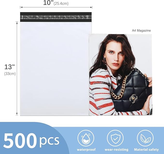 Metronic Poly Mailers 10x13 Inch 500 Pack Shipping Bags for Clothes Bulk,Self Adhesive Shipping Envelopes for Small Business,Waterproof Mailers Poly Bags for Shipping,Packaging Mailing Bags White