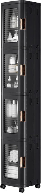 VECELO 4-Tier Tall Narrow Storage Cabinet with Movable Wheels, Adjustable Shelves, Anti-Tip, Slim, for Small Space, Bathroom, Kitchen, Laundry, Black