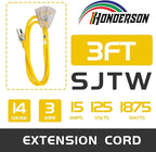 3-Outlets Extension Cord Weatherproof with Lighted End, UL Listed, 14 Gauge 3FT Yellow 3 Prong Heavy Duty, 14/3 SJTW 15A Power Cord