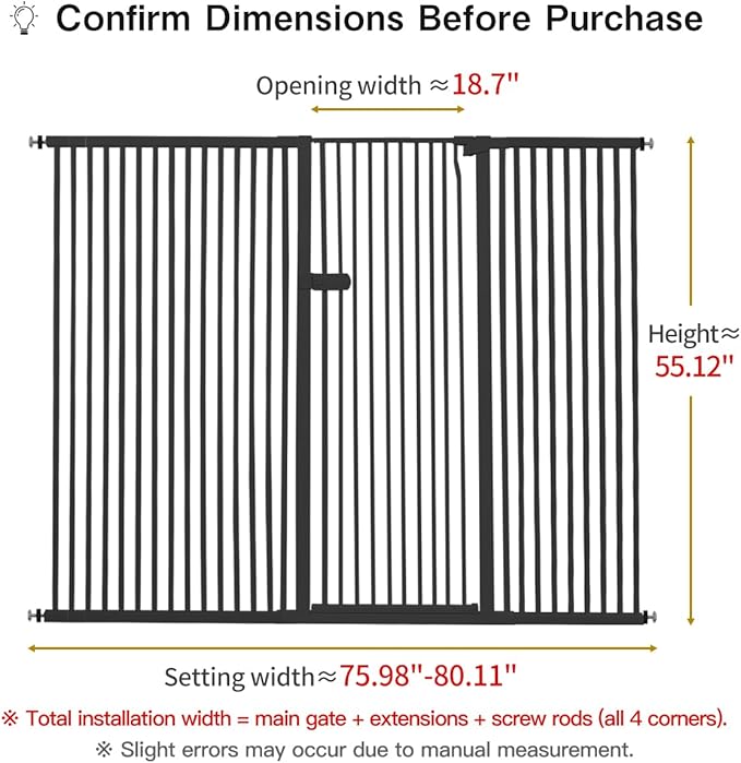 Lumizone Extra Tall Cat Gate 55.12" High Pressure Mounted Extra Wide 2025 New (17 Sizes) 1.37" Gap No Drilling Auto-Close One-Handed Operation Tall Pet Gate for Dogs(Black, 55.12" H x 75.98"-80.11" W)
