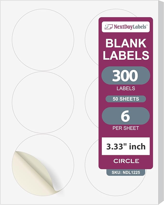 NextDayLabels 3.33 Inch Round Stickers for Printer - Matte White Blank Laser/Inkjet Printable Circles (50 Sheets, 6 Per Sheet, 300 Labels)