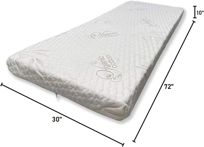 Foamma 10” x 30” x 72” High Density Foam Bunk Mattress, Organic Cotton Cover, Made in USA, Comfortable, CertiPUR-US Certified