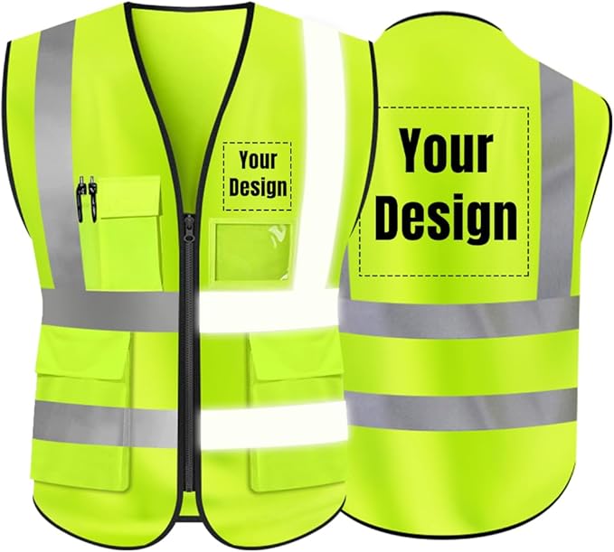 YOWESHOP High Visibility Safety Vest Custom Your Logo Protective Workwear 5 Pockets With Reflective Strips Outdoor Work Vest (Neon Yellow (4XL))