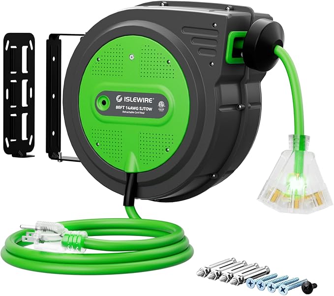 80FT Retractable Extension Cord Reel, 14 AWG/3C SJTOW Heavy Duty Power Cord with Lighted Triple Outlet, 13A Circuit Breaker, 180° Swivel Wall/Ceiling Mount Retractable Cord Reel, ETL Listed, Green