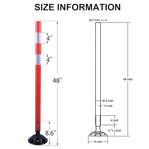 OrangeStar 8 Pack Delineator Post 48" Red Traffic Delineator Cones with Fixable Base for Road Safety, Parking Lots
