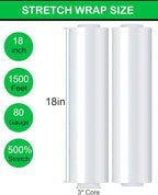 18in Clear Stretch Wrap Roll, Heavy Duty 1500ft Shrink Wrap Roll, 80 Gauge Industrial Strength Stretch Film, Stretch Wrap for Moving, Plastic Wrap for Moving Pallet Wrapping Shipping(4 Rolls)