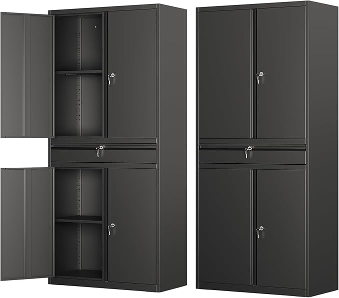 Metal Storage Cabinet with with Drawer, Garage Storage Cabinet with Locking Doors and Adjustable Shelves for Garage, Home Office,Warehouse (Black)
