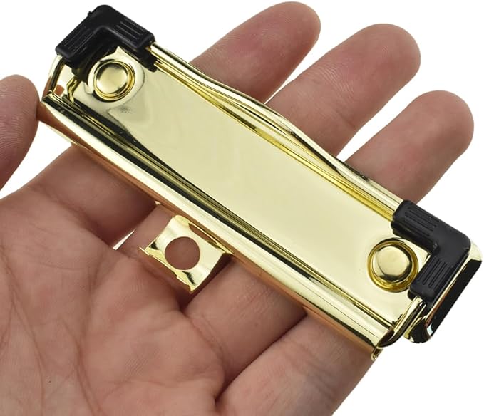 HAHIYO 3.94 Inches Gold Metal Mountable Clipboard Clips - 6 Pack, Durable Spring Loaded Clip with Rubber Grips, Hanging Hole and Rivets - Document File Wood Plastic Clip Board for Office School Home